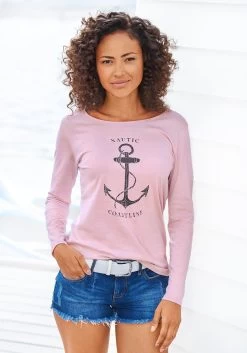 Beachtime T-shirt Met Gesmokte Band (Set Van 2) -Beroemde Badkleding Winkel beachtime shirt met lange mouwen met maritieme print voor roze