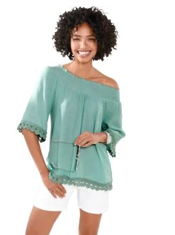 Vivance Gedessineerde Jurk -Beroemde Badkleding Winkel heine blouse met carmenhals blauw 3