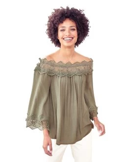 S.Oliver RED LABEL Beachwear Strandshirt Met Aangerimpelde Mouwen 30 S.Oliver RED LABEL Beachwear Strandshirt Met Aangerimpelde Mouwen -Beroemde Badkleding Winkel heine blouse met carmenhals groen