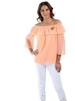 Beachtime T-shirt Modieus Gestreept (Set Van 2) -Beroemde Badkleding Winkel lady blouse met carmenhals oranje