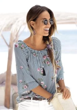 Beachtime T-shirt Met Modieuze Gezegden Frontprint "adios" -Beroemde Badkleding Winkel lascana blouse met carmenhals met modieuze print blauw 2