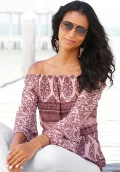 Vivance Shirt Met 3/4-mouwen Met Fijne Plooi -Beroemde Badkleding Winkel lascana blouse met carmenhals met print all over roze 1