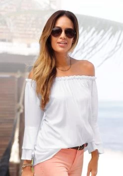 Vivance T-shirt Van Hoogwaardig Ribmateriaal (Set Van 2) 29 Vivance T-shirt Van Hoogwaardig Ribmateriaal (Set Van 2) -Beroemde Badkleding Winkel lascana blouse met carmenhals van geweven viscose wit