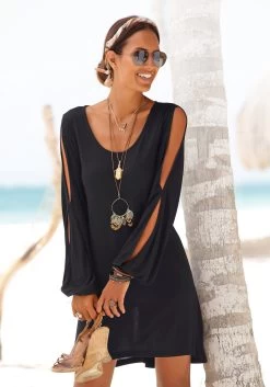 Roxy Strandjurk 23025142 -Beroemde Badkleding Winkel lascana lang shirt met splitje in de mouwen zwart