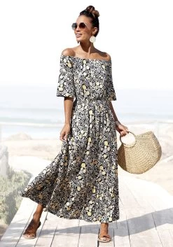 Beachtime Strandjurk Met Bandjes Aan De Mouwen -Beroemde Badkleding Winkel lascana maxi jurk met bloemenprint zwart 1