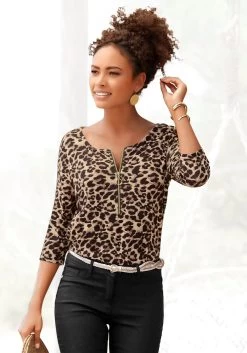 Leslii Zonnebril -Beroemde Badkleding Winkel lascana shirt met 3 4 mouwen met dierenprint bruin