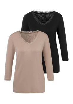 Vivance Shirt Met 3/4-mouwen Met Elastische Zoom (Set Van 2) 25 Vivance Shirt Met 3/4-mouwen Met Elastische Zoom (Set Van 2) -Beroemde Badkleding Winkel lascana shirt met 3 4 mouwen met fijne kant bij de hals beige 1