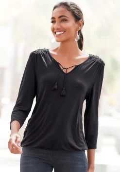 Vivance T-shirt Met Uitsparingen In De Mouwen -Beroemde Badkleding Winkel lascana shirt met 3 4 mouwen met gehaakte kant bij de schouders zwart 2