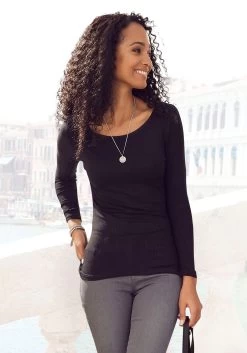 Vivance T-shirt Met Uitsparingen In De Mouwen -Beroemde Badkleding Winkel lascana shirt met lange mouwen ribshirt met rechte zoom zwart