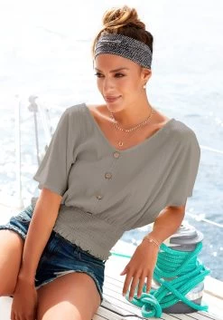 Only Zomerrok ONLTINE MIDI SKIRT WVN -Beroemde Badkleding Winkel lascana shirt met v hals met brede smokzooom groen 1