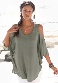 Beachtime Jerseyjurk Met Paperbag-band 26 Beachtime Jerseyjurk Met Paperbag-band -Beroemde Badkleding Winkel lascana strandshirt met sierband achter bovenaan groen 1