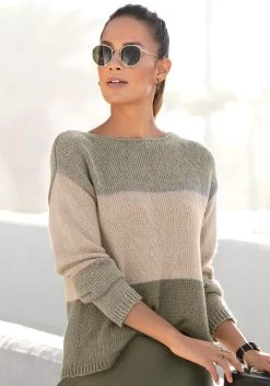 Beachtime Strandjurk Met Bloemenprint -Beroemde Badkleding Winkel lascana trui met ronde hals in colourblocking stijl groen 1