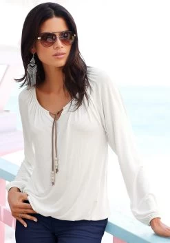 Beachtime Strandjurk Met Bandjes Aan De Mouwen -Beroemde Badkleding Winkel soliver red label beachwear strandshirt met strikbandjes bij de hals beige 1