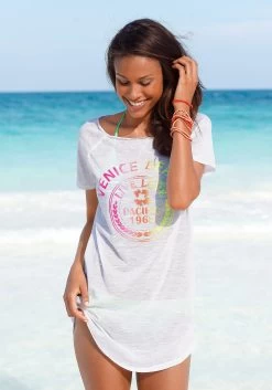Beachtime T-shirt Met Modieuze Gezegden Frontprint "adios" -Beroemde Badkleding Winkel venice beach lang shirt met frontprint wit 6