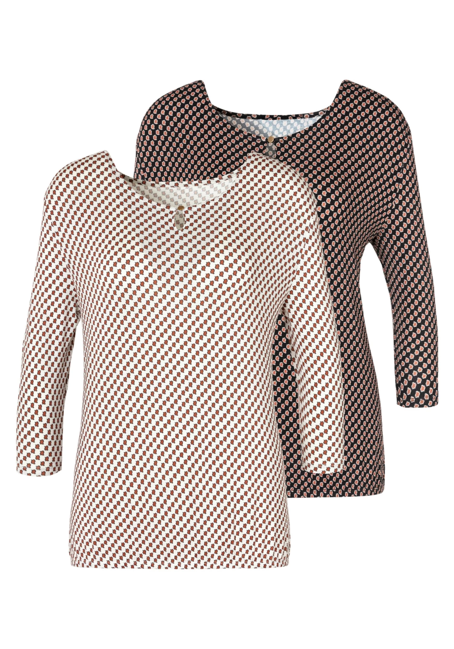 Vivance Shirt Met 3/4-mouwen Met Kleine Opening En Goudkleurige Sierknoop Bij De Hals (Set Van 2) 1 Vivance Shirt Met 3/4-mouwen Met Kleine Opening En Goudkleurige Sierknoop Bij De Hals (Set Van 2)