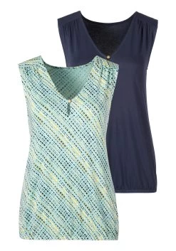 Beachtime T-shirt Modieus Gestreept -Beroemde Badkleding Winkel vivance tanktop met fijne schouderrimpeling set van 2 blauw 3