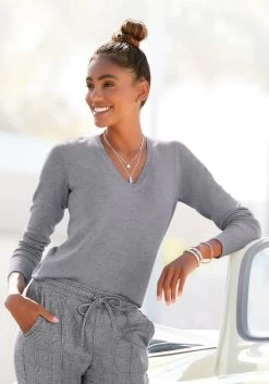 Vivance T-shirt Met Zachte Gehaakte Kant Achter (Set Van 2) -Beroemde Badkleding Winkel vivance trui met v hals in getailleerd model grijs 3